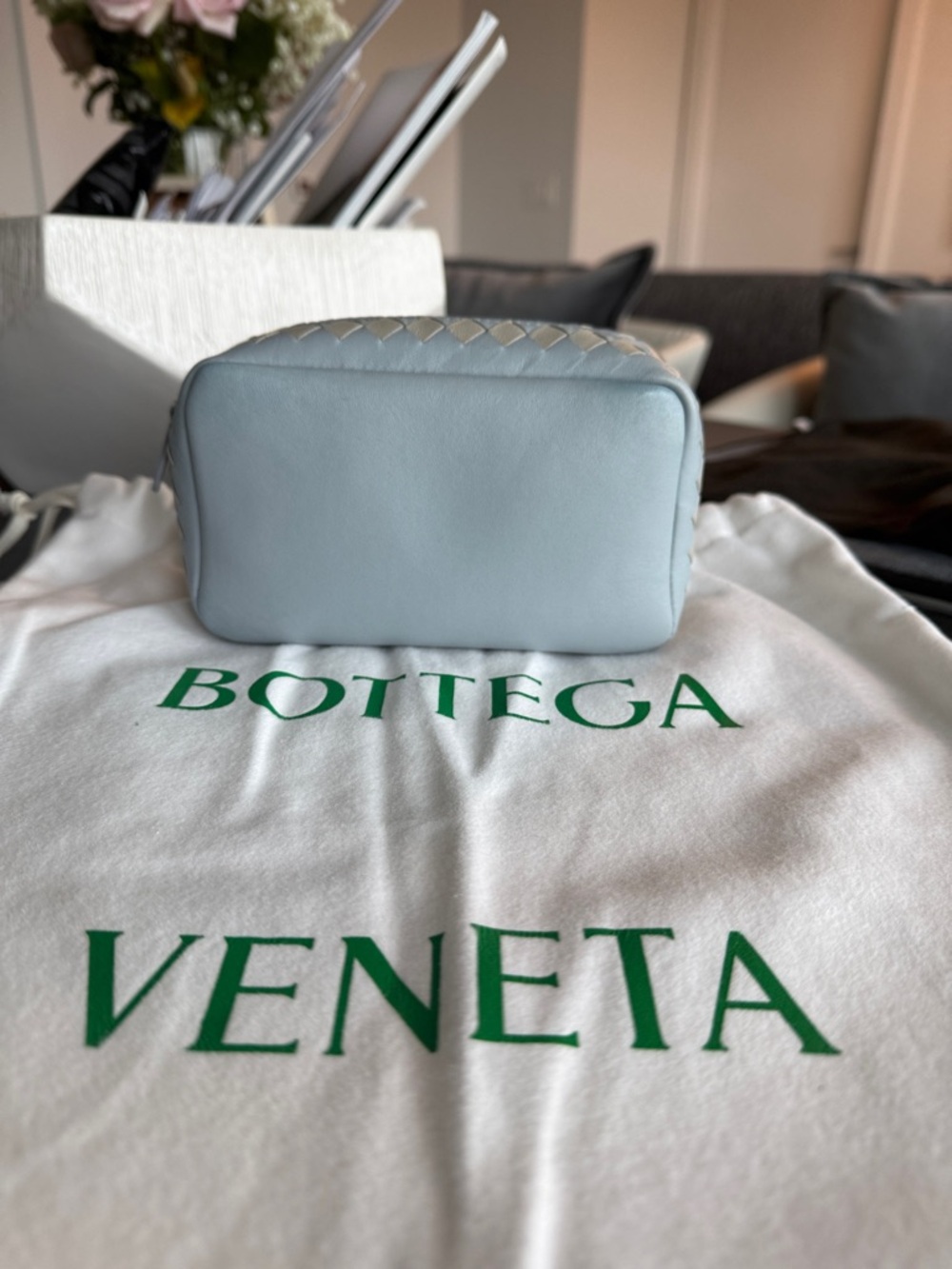 Bottega Veneta Pale Blue Intrecciato Leather Cosmetic Pouch